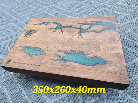 chopping board Fractal Burned Wood with Teal/green Epoxy 350x260x40mm