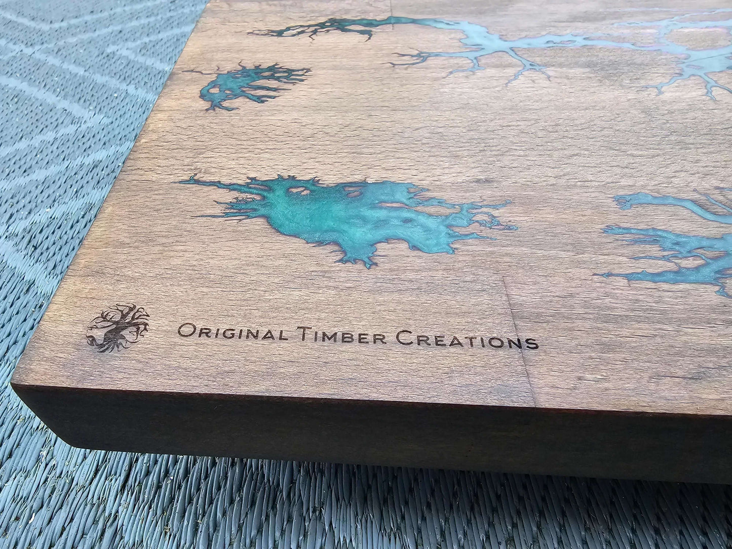 chopping board Fractal Burned Wood with Teal/green Epoxy 350x260x40mm