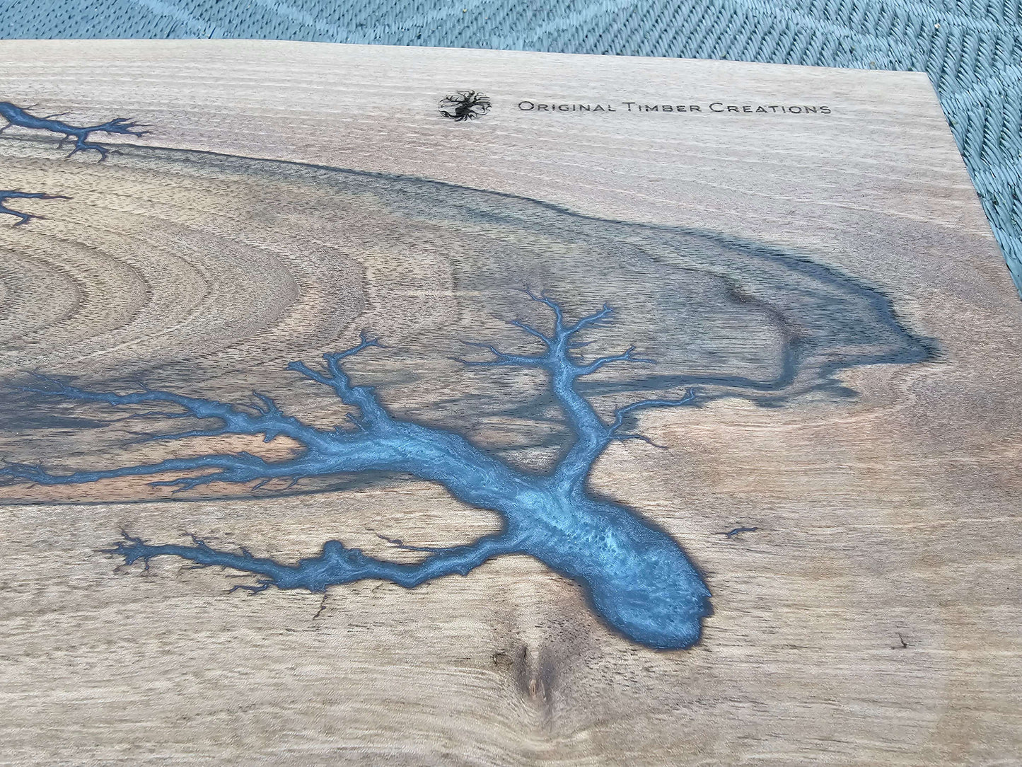 chopping board Live Edge Walnut Board with Blue Epoxy | Fractal Burned