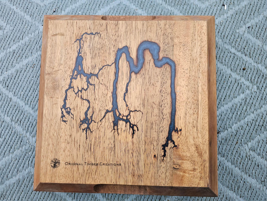 chopping board Fractal Burned Square Wood Board with Blue Epoxy |