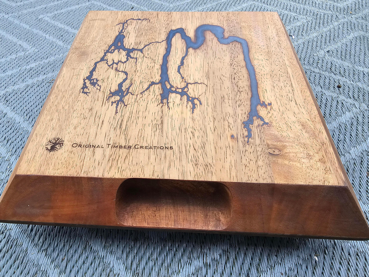 chopping board Fractal Burned Square Wood Board with Blue Epoxy |