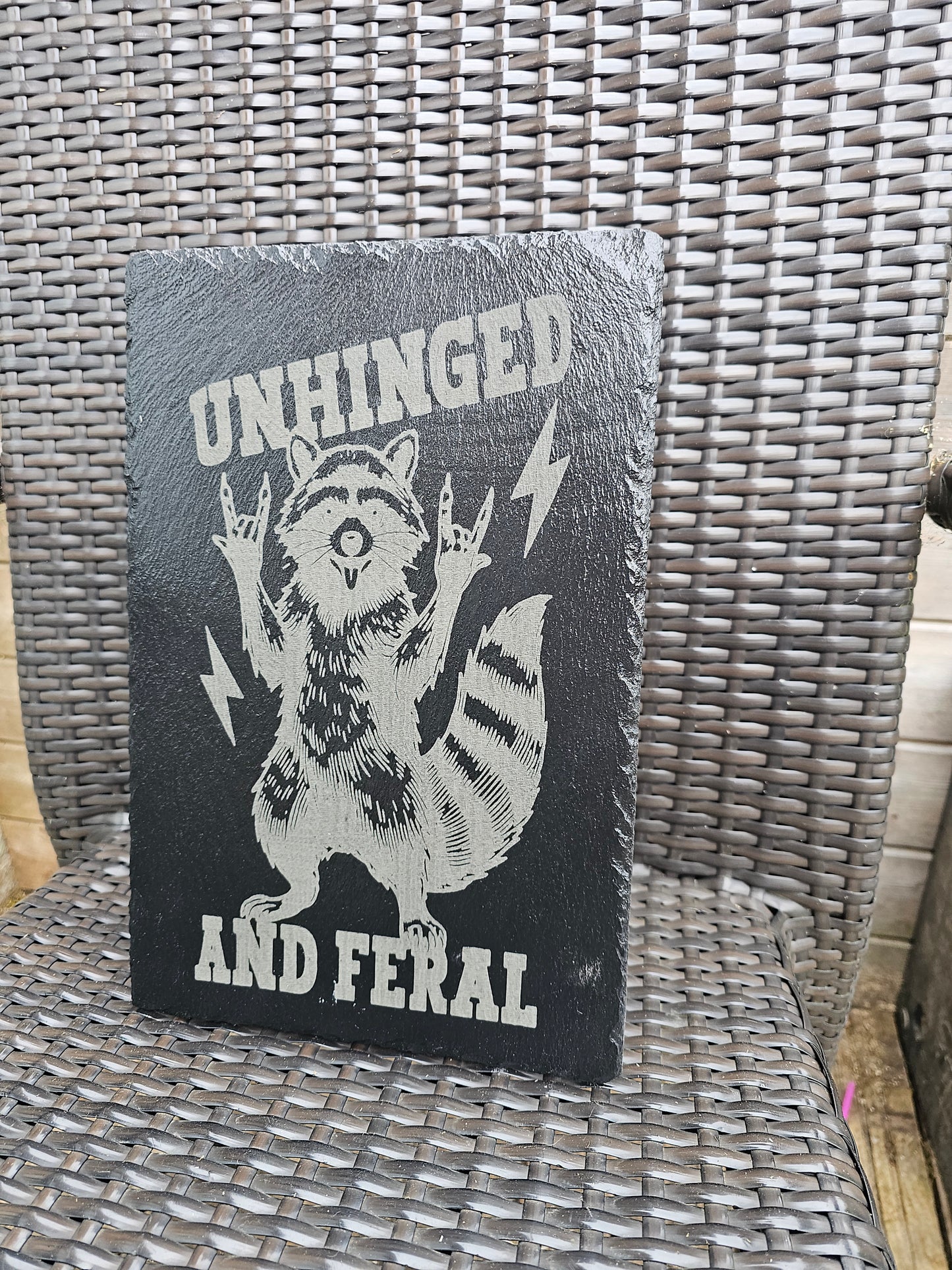 slate Unhinged and Feral Sign – Funny Laser Engraved Raccoon Wall Art