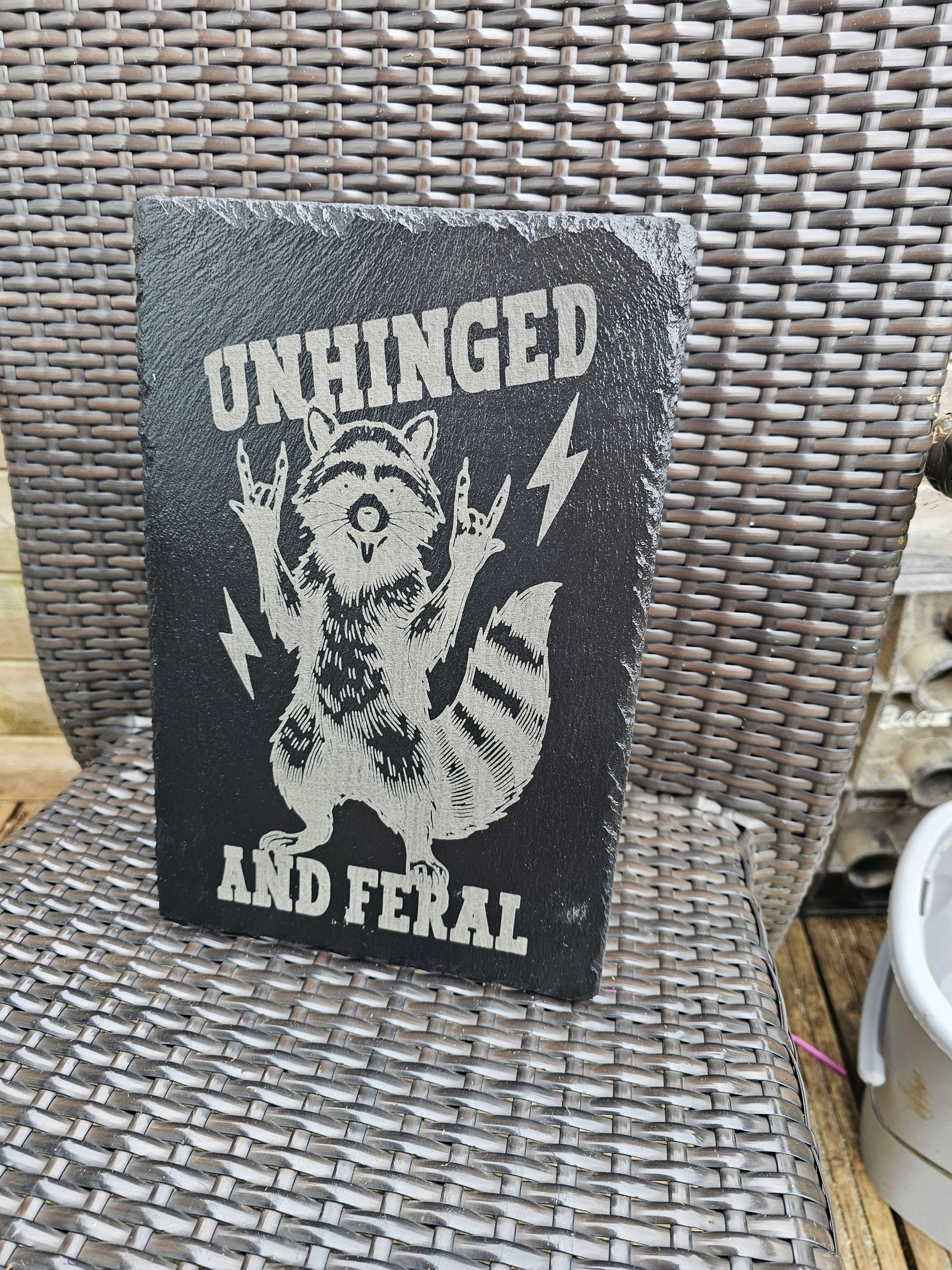 slate Unhinged and Feral Sign – Funny Laser Engraved Raccoon Wall Art