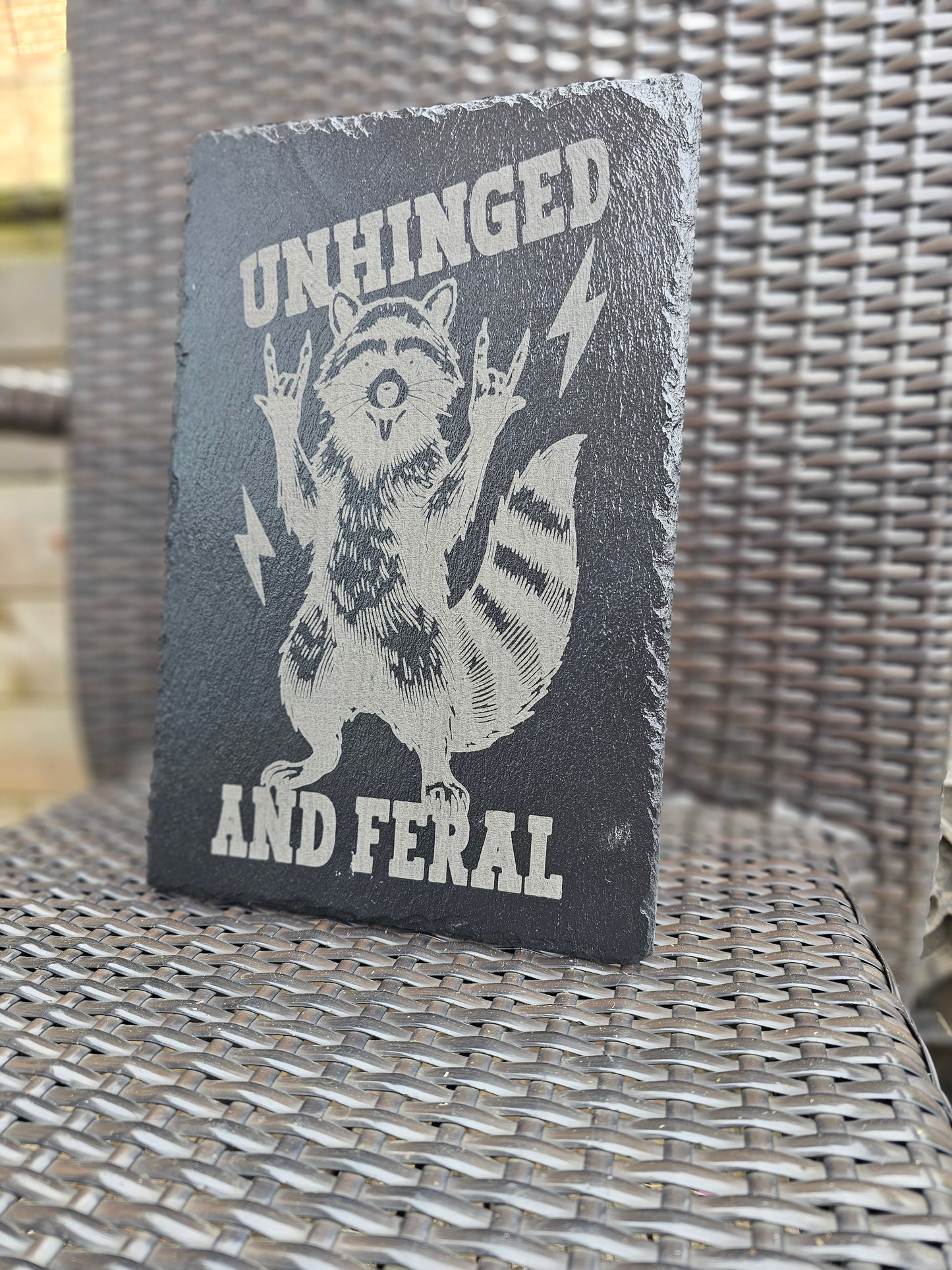 slate Unhinged and Feral Sign – Funny Laser Engraved Raccoon Wall Art