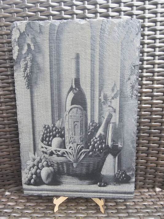 slate Wine Still Life Art – Laser Engraved Rustic Kitchen or Bar Decor