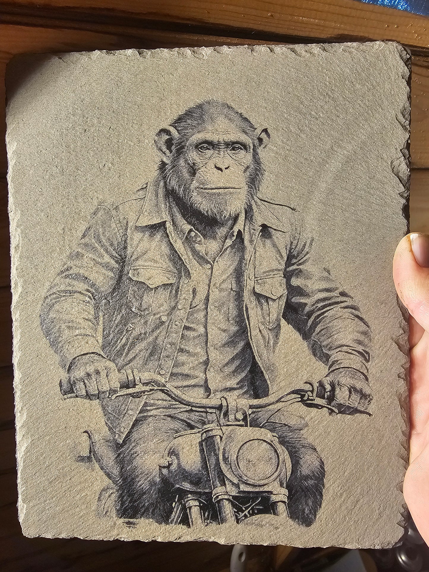slate Funny Biker Chimp Art Laser Engraved Animal Plaque for Man Cave