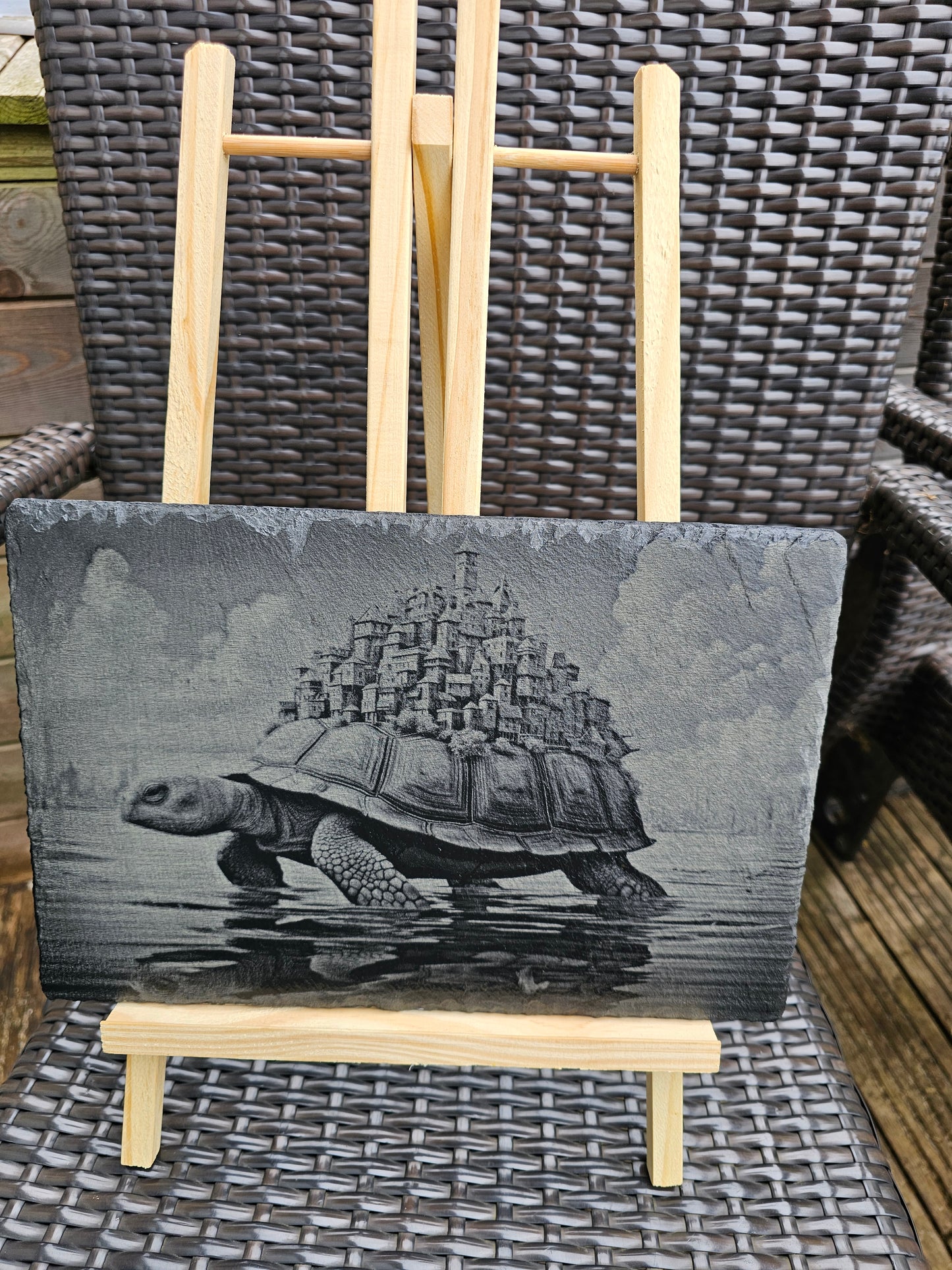 slate Fantasy Tortoise Art Laser Engraved Surreal Animal Scene30x20cm
