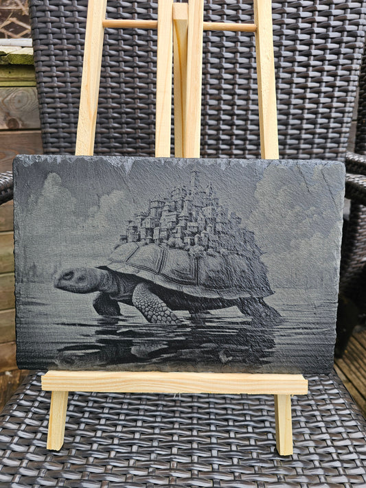 slate Fantasy Tortoise Art Laser Engraved Surreal Animal Scene30x20cm