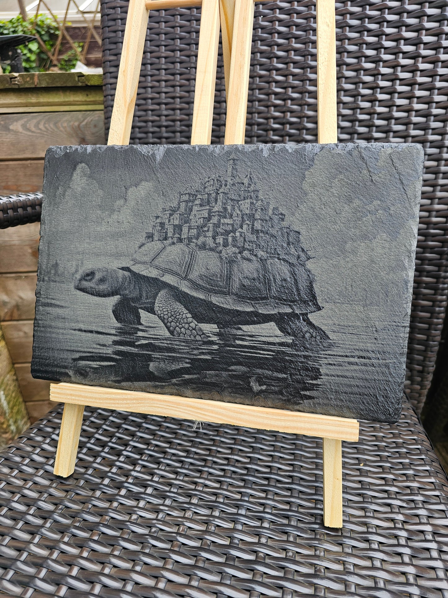 slate Fantasy Tortoise Art Laser Engraved Surreal Animal Scene30x20cm