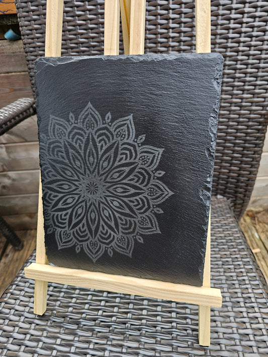 Slate Corner Mandala Engraved Sign | Laser Etched Wall Art