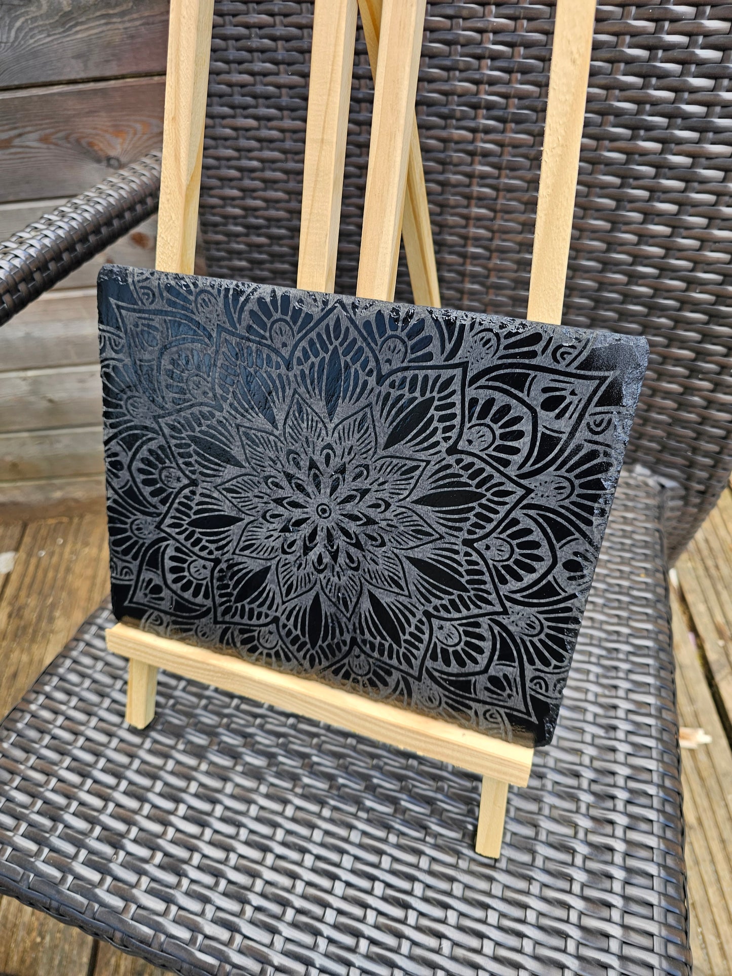 slate Full Mandala Engraved Plaque | Intricate Laser Etched Wall Art