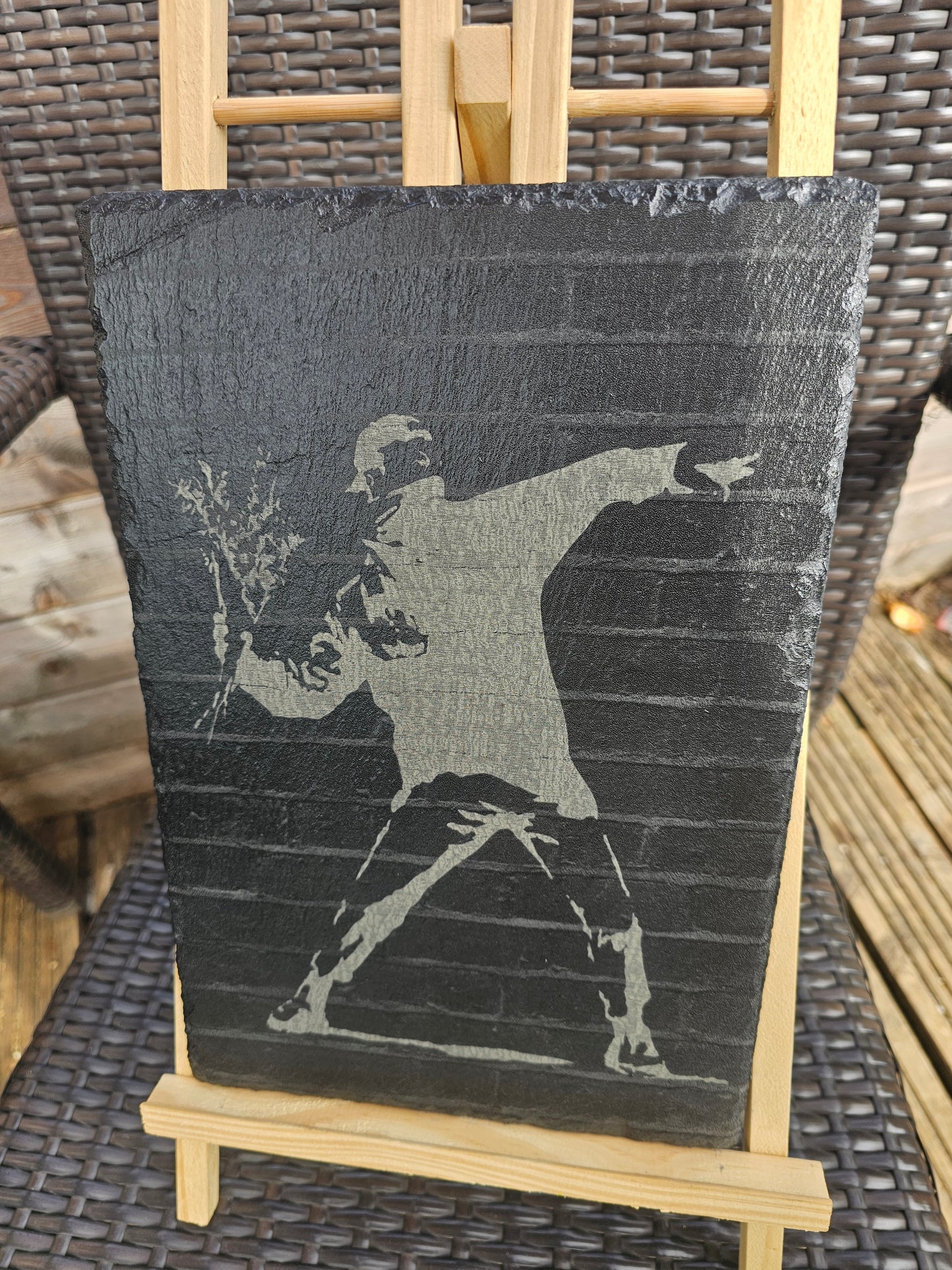 slate art. Banksy Flower Thrower- Laser Engraved Urban Graffiti Decor