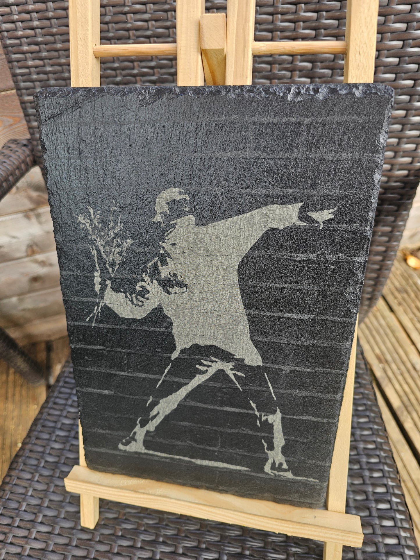 slate art. Banksy Flower Thrower- Laser Engraved Urban Graffiti Decor