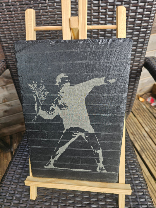 slate art. Banksy Flower Thrower- Laser Engraved Urban Graffiti Decor