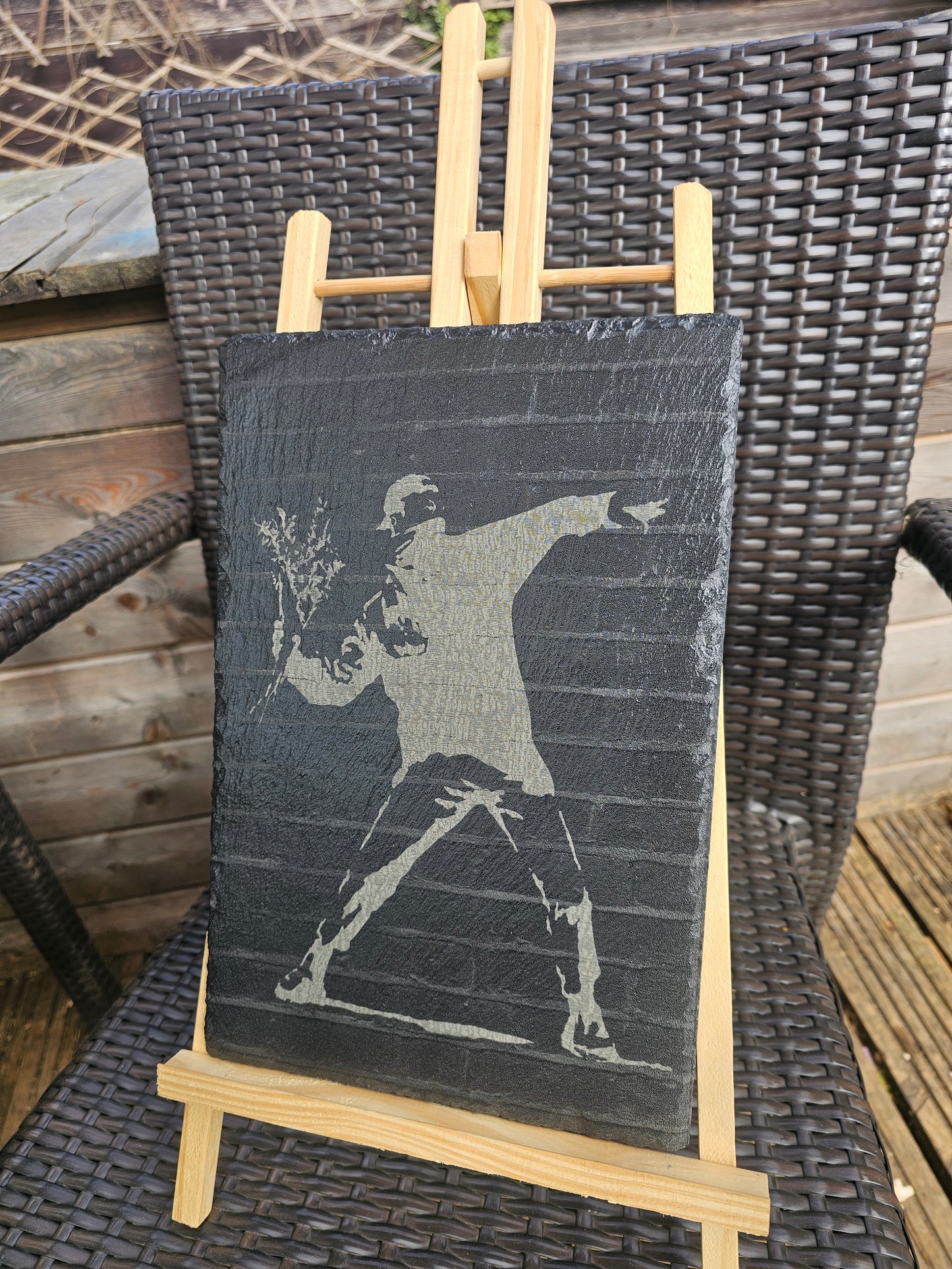 slate art. Banksy Flower Thrower- Laser Engraved Urban Graffiti Decor