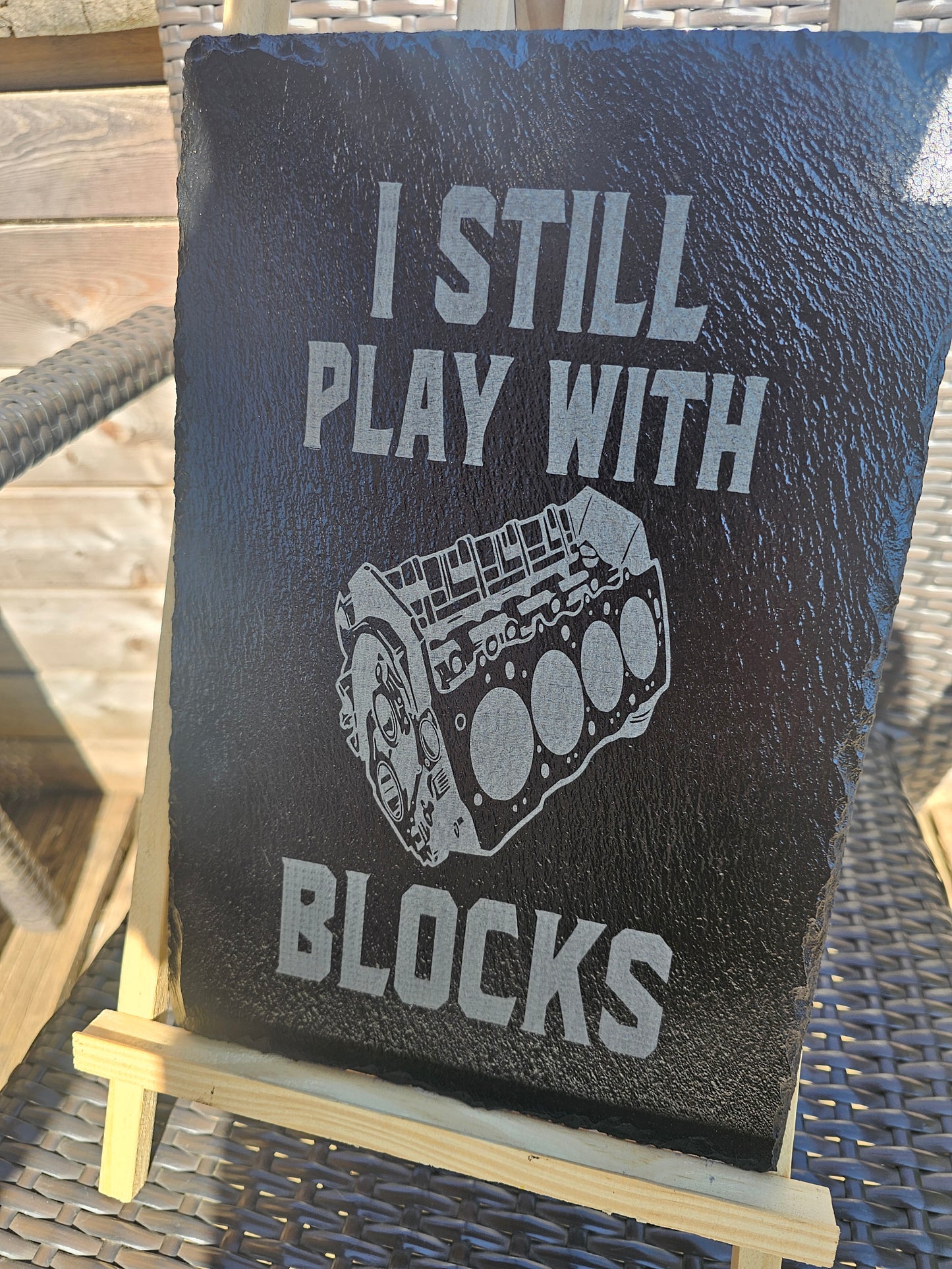 slate plaque. I Still Play with Blocks" Laser Engraved, Car Engine Art