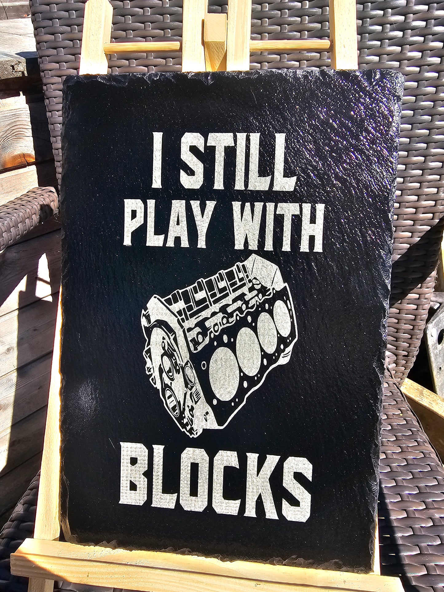 slate plaque. I Still Play with Blocks" Laser Engraved, Car Engine Art