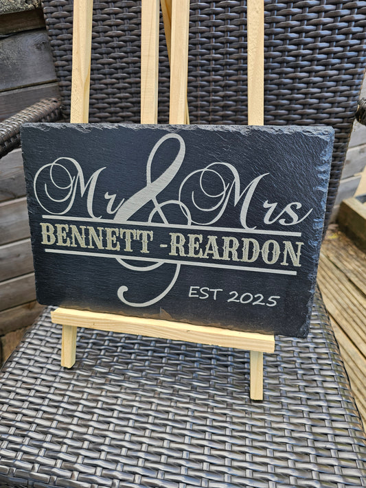 Slate sign. Personalised Mr & Mrs Wedding Gift Engraved Couple Plaque