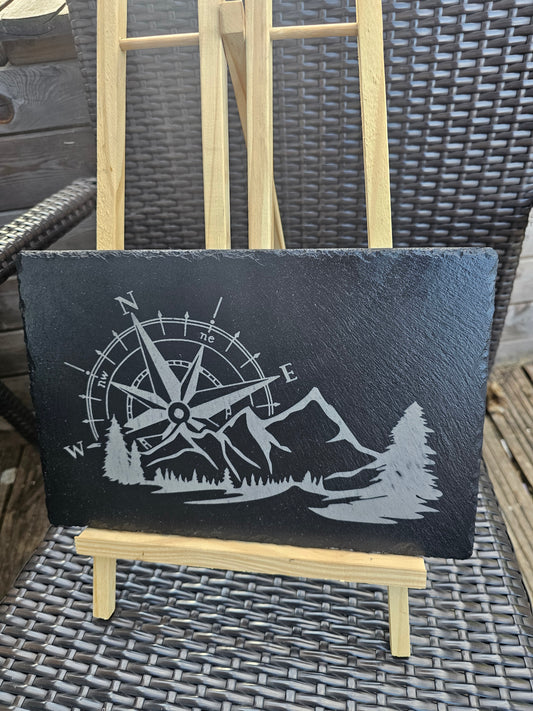 slate sign. Adventure Compass & Mountain Scene Laser Engraved Wall Art