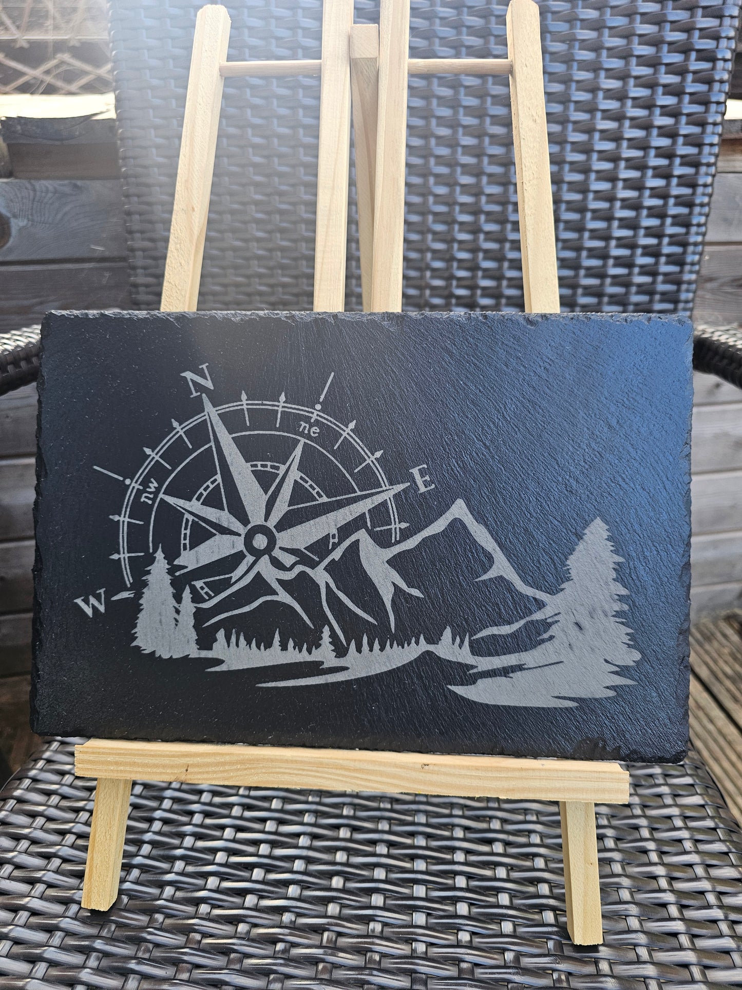 slate sign. Adventure Compass & Mountain Scene Laser Engraved Wall Art