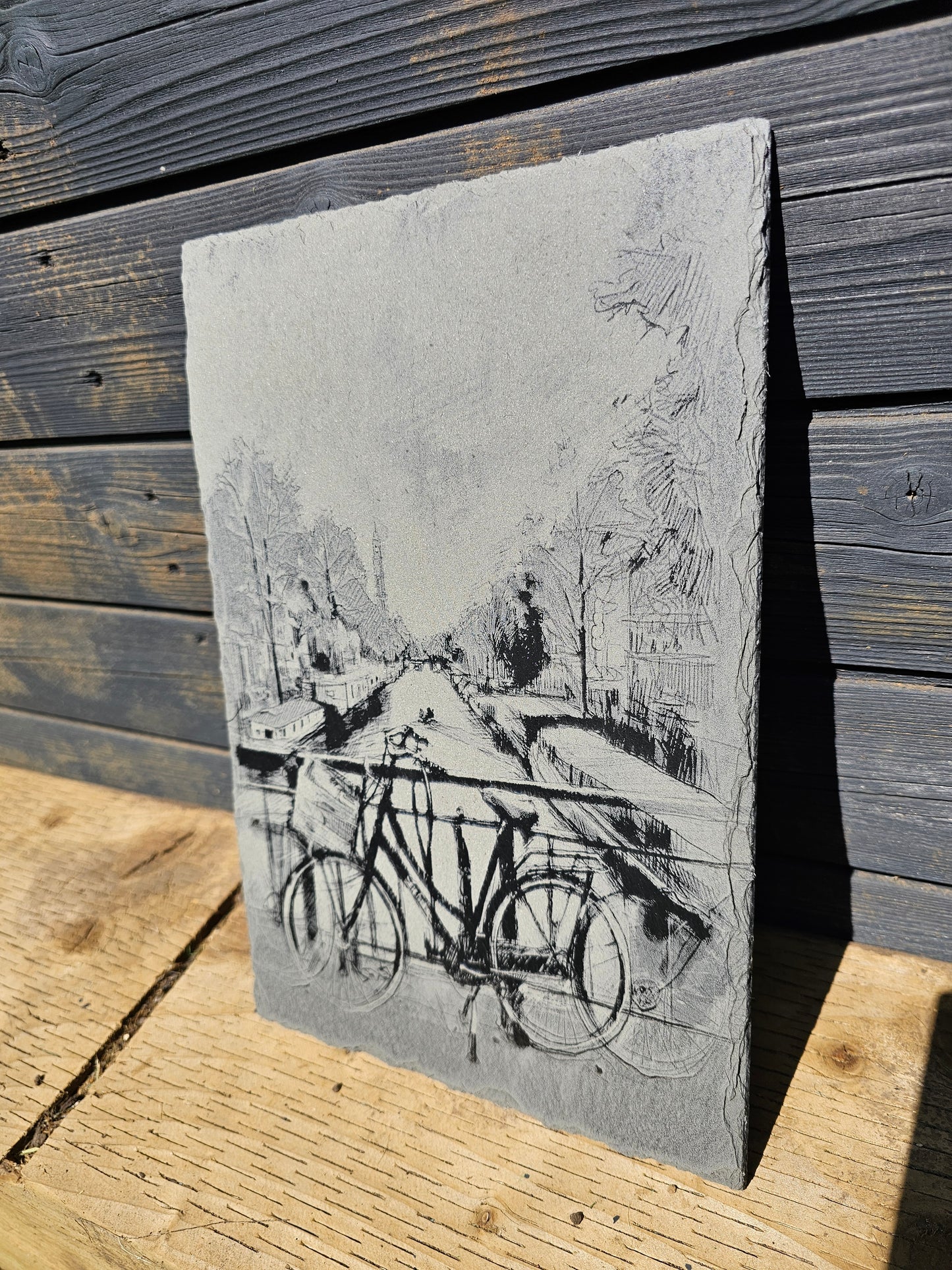 slate Laser Engraved Art Amsterdam Bicycle & Canal Scene 30cm x 20cm
