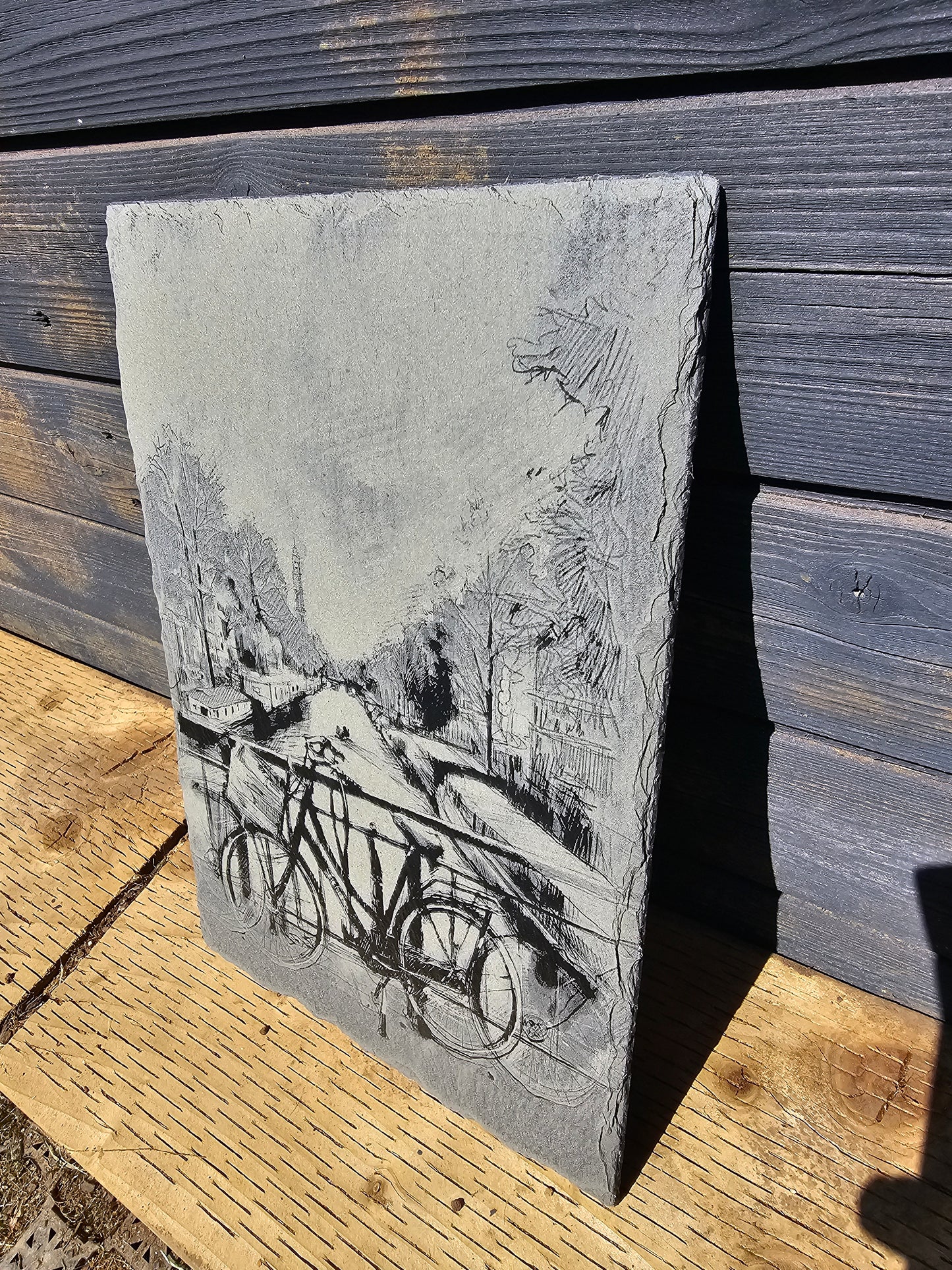 slate Laser Engraved Art Amsterdam Bicycle & Canal Scene 30cm x 20cm