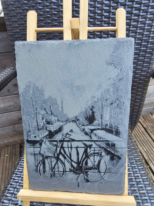 slate Laser Engraved Art Amsterdam Bicycle & Canal Scene 30cm x 20cm