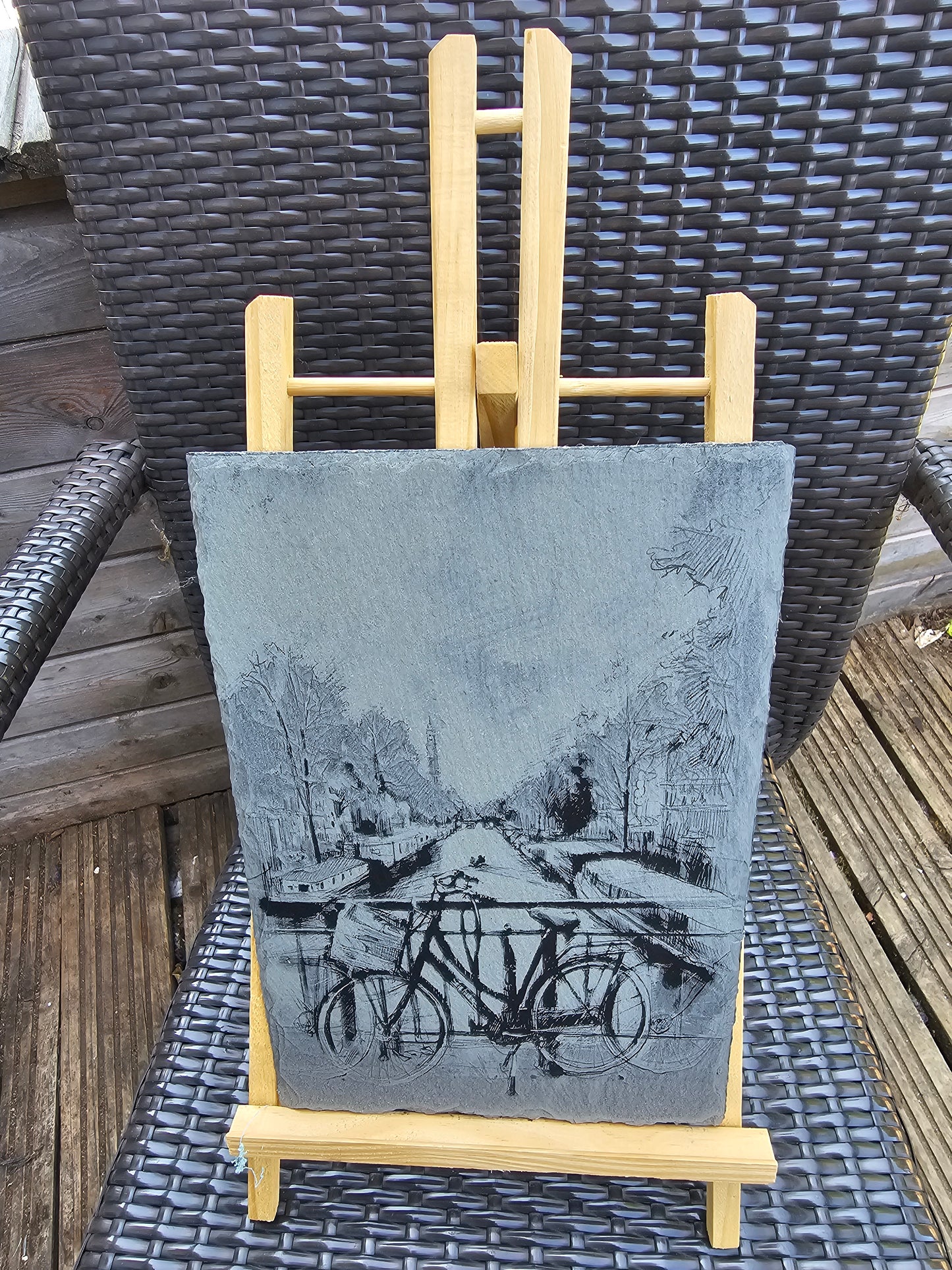 slate Laser Engraved Art Amsterdam Bicycle & Canal Scene 30cm x 20cm
