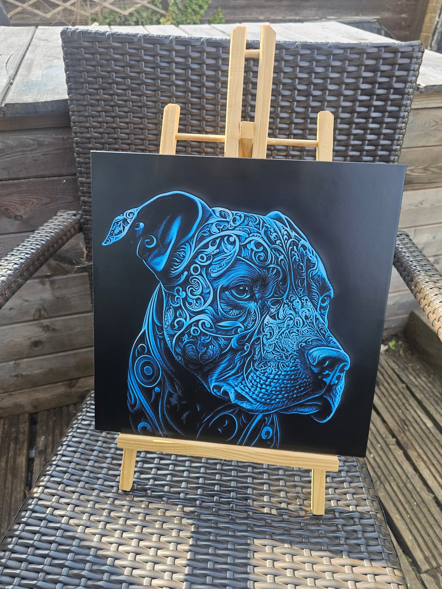 tile Blue Tribal Pitbull Art – Laser Engraved 30cm Tile 3D Effect Dog