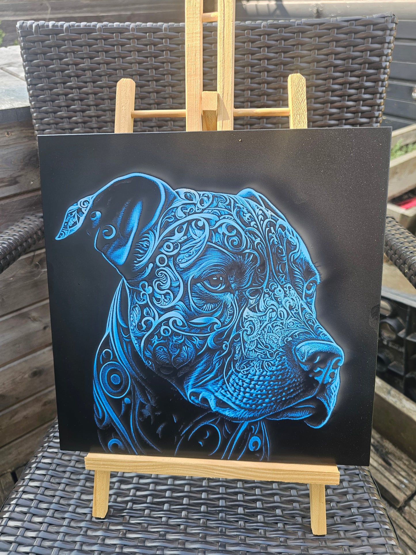 tile Blue Tribal Pitbull Art – Laser Engraved 30cm Tile 3D Effect Dog