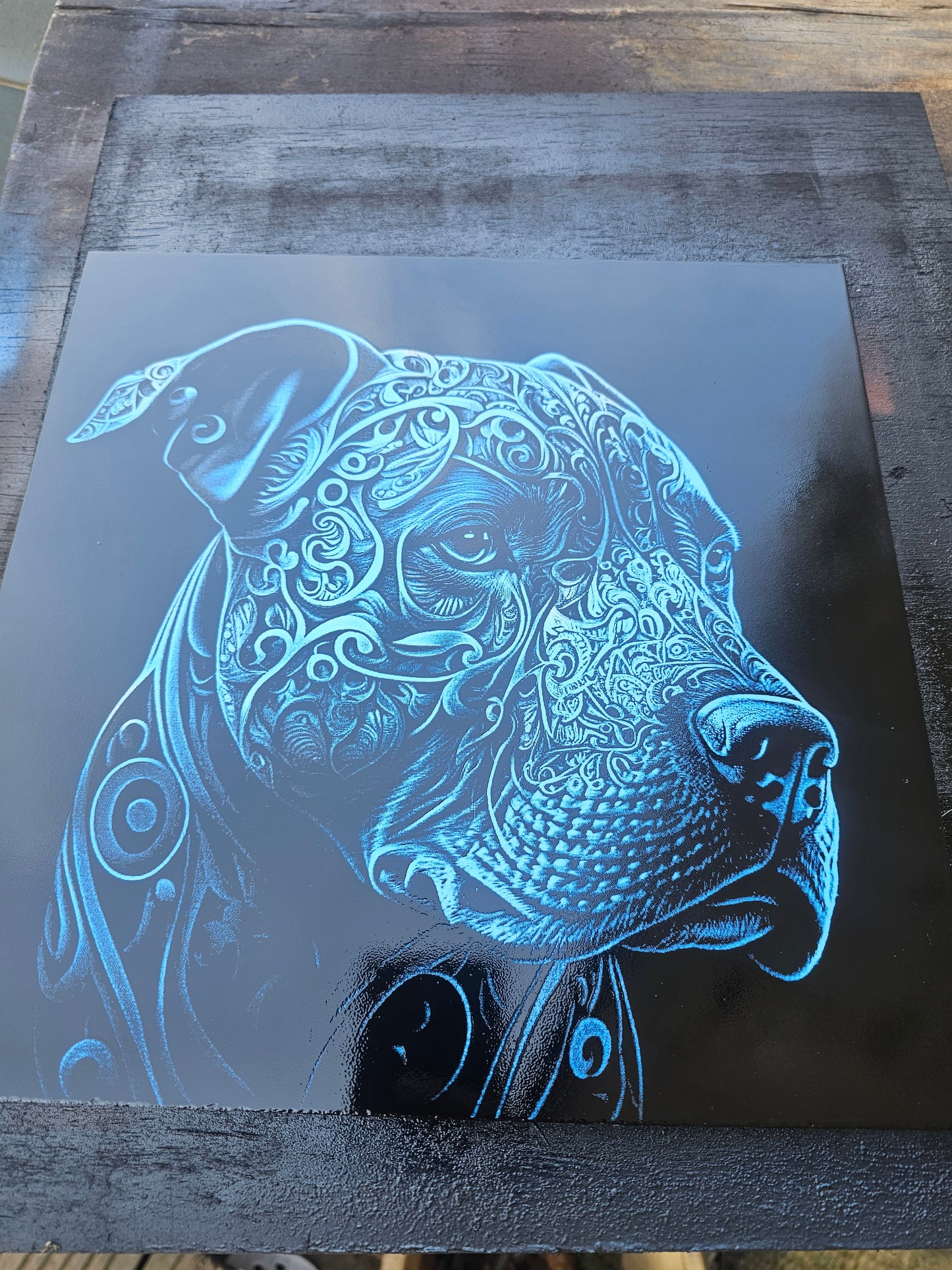 tile Blue Tribal Pitbull Art – Laser Engraved 30cm Tile 3D Effect Dog