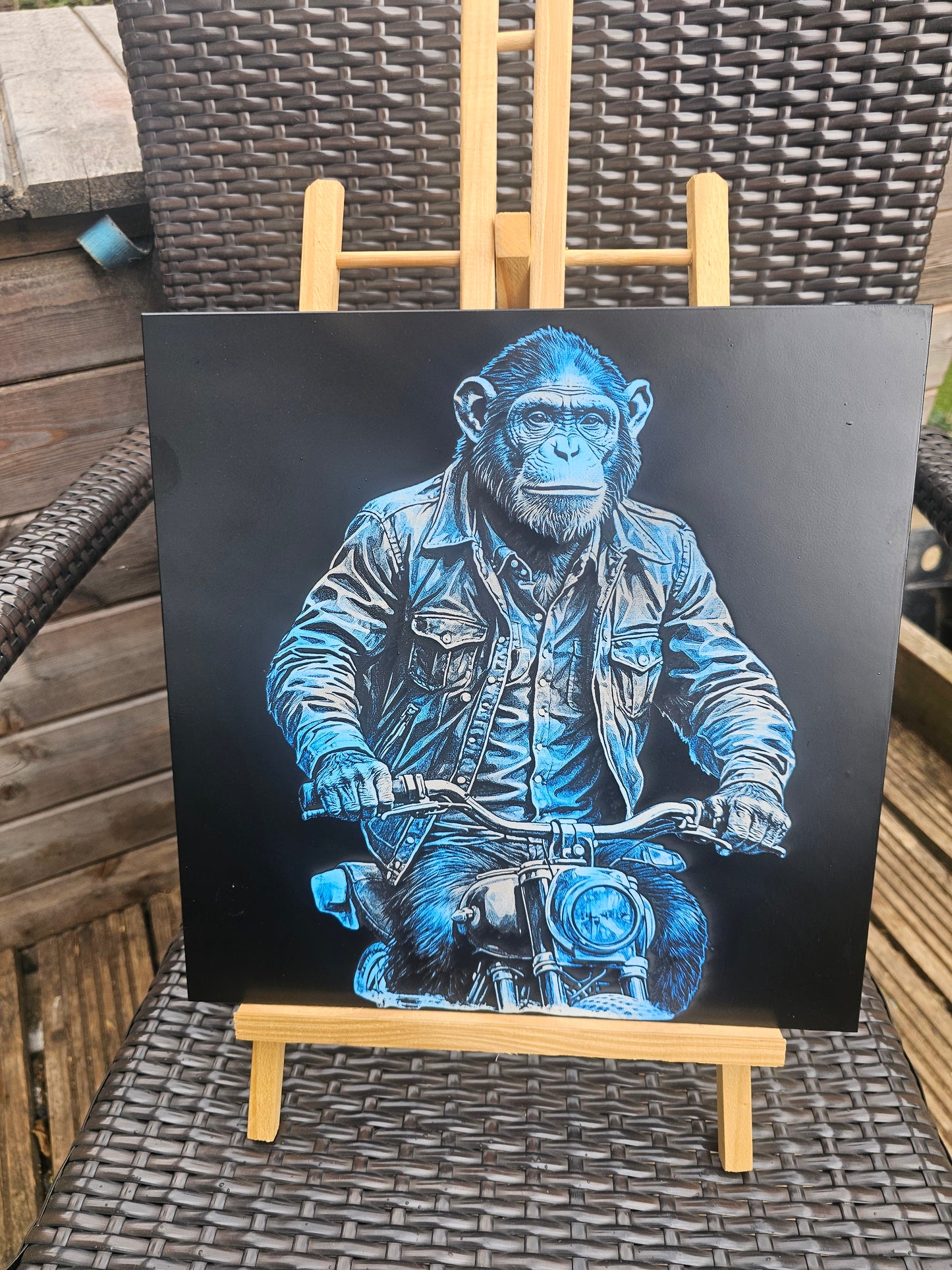 tile Cool Chimp on Motorcycle – Laser Engraved 30cm x 30cm White Tile
