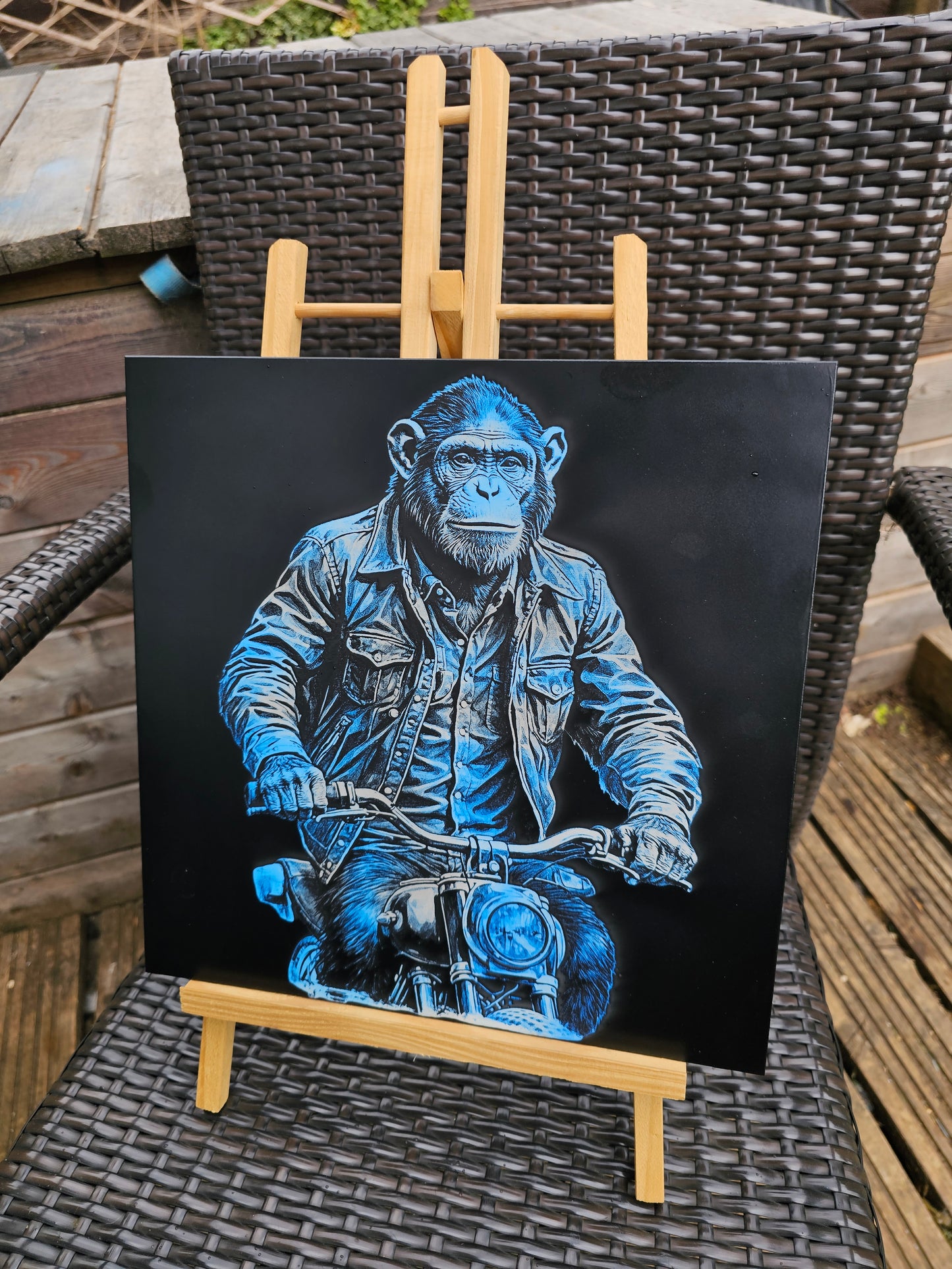 tile Cool Chimp on Motorcycle – Laser Engraved 30cm x 30cm White Tile