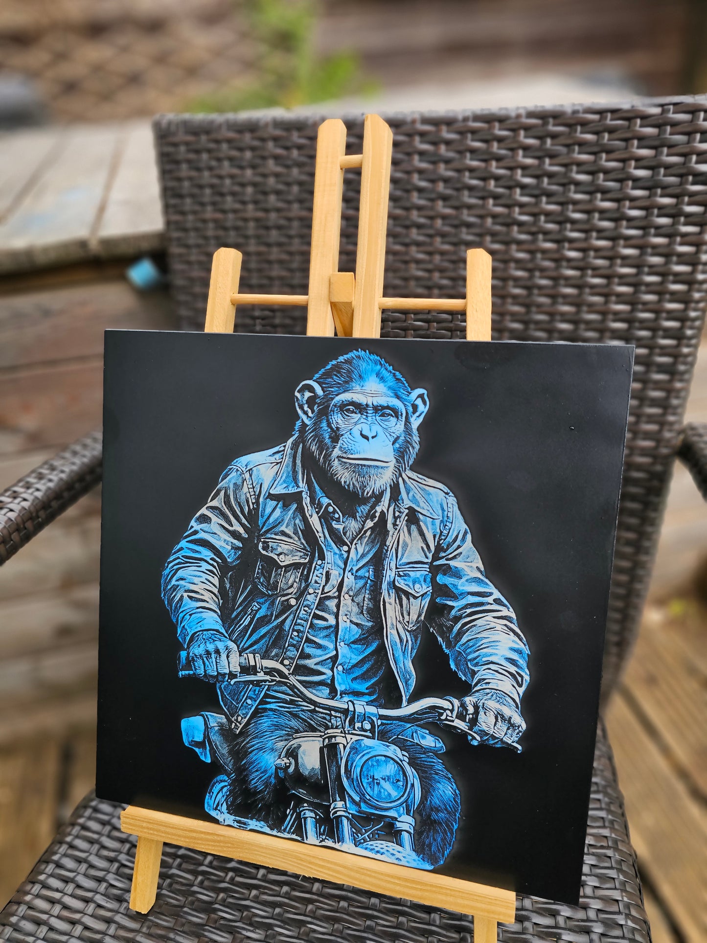 tile Cool Chimp on Motorcycle – Laser Engraved 30cm x 30cm White Tile