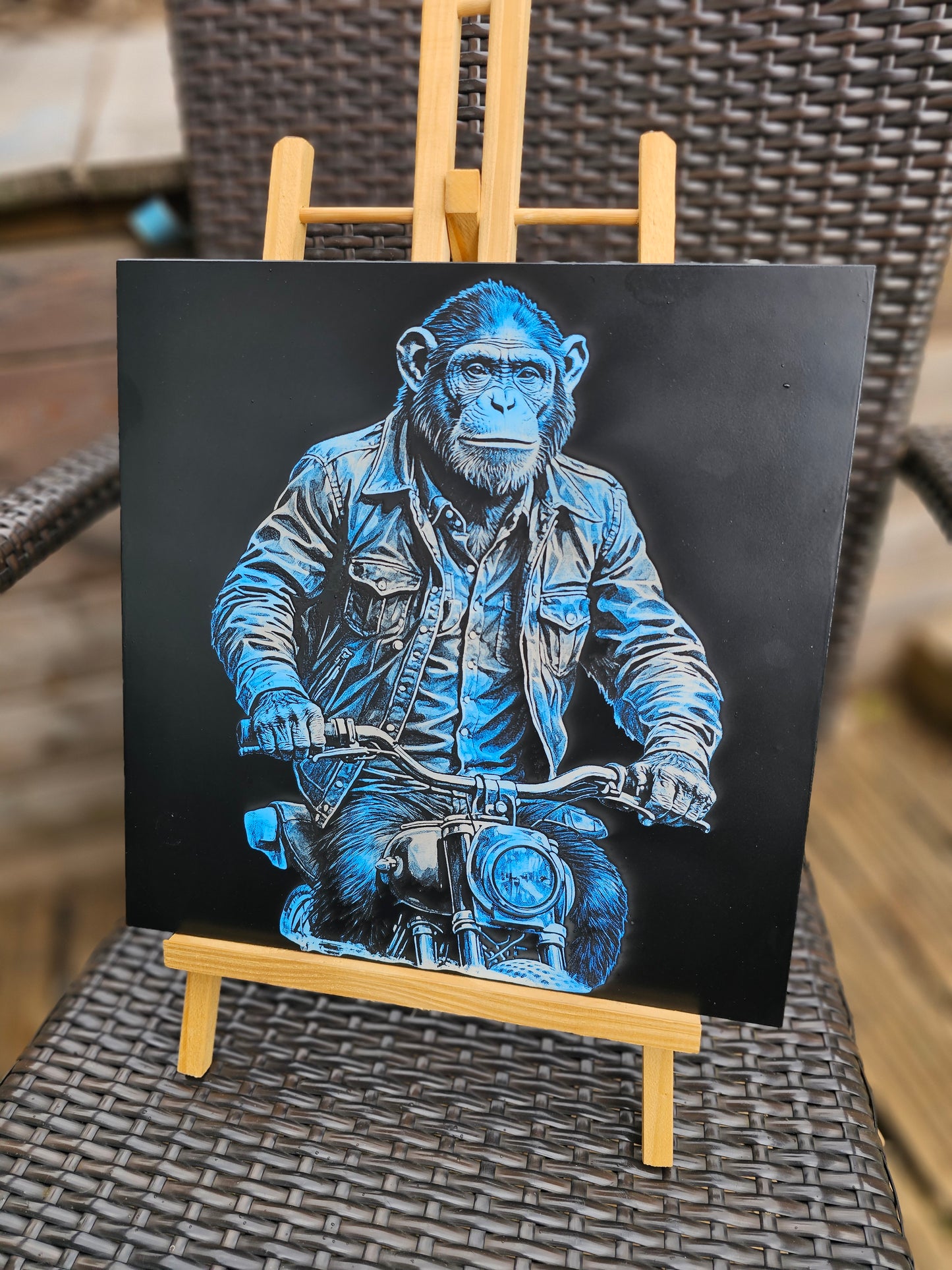 tile Cool Chimp on Motorcycle – Laser Engraved 30cm x 30cm White Tile