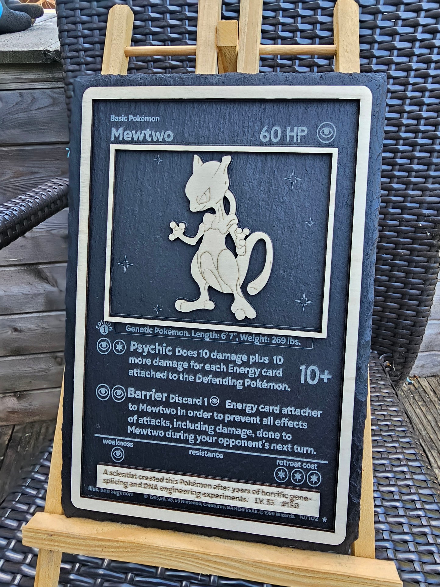 Mewtwo Pokémon Card Slate Art – Laser Engraved 3D Wooden Design |