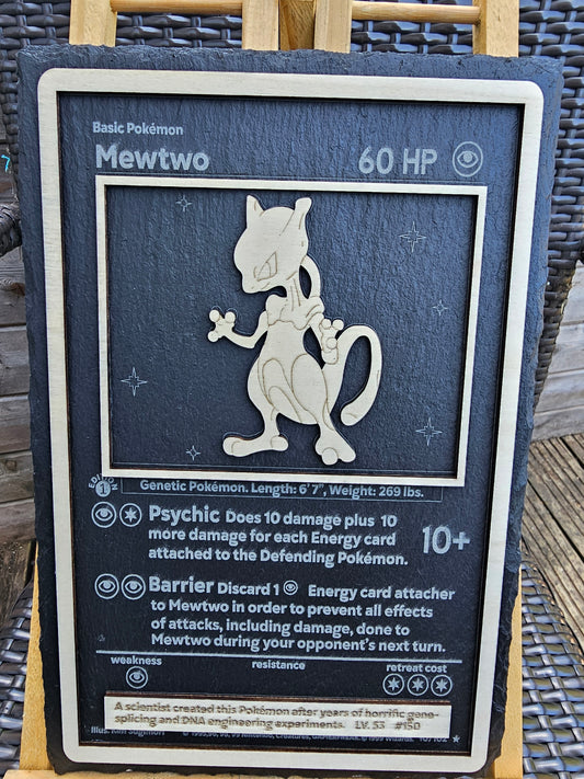 Mewtwo Pokémon Card Slate Art – Laser Engraved 3D Wooden Design |