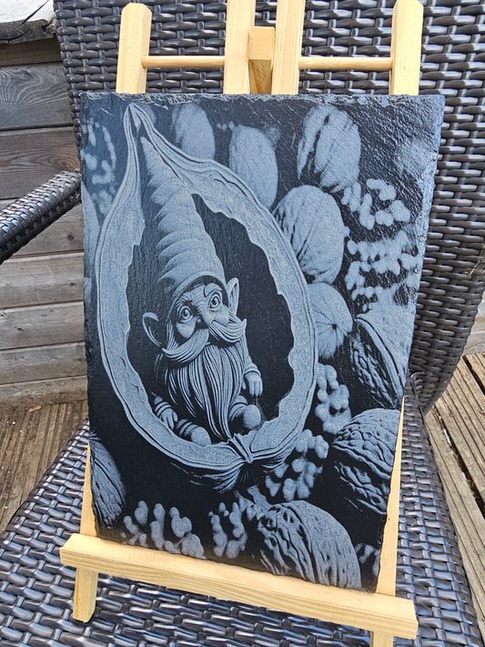 slate Whimsical Gnome in Walnut Shell – Laser Engraved Fantasy Art