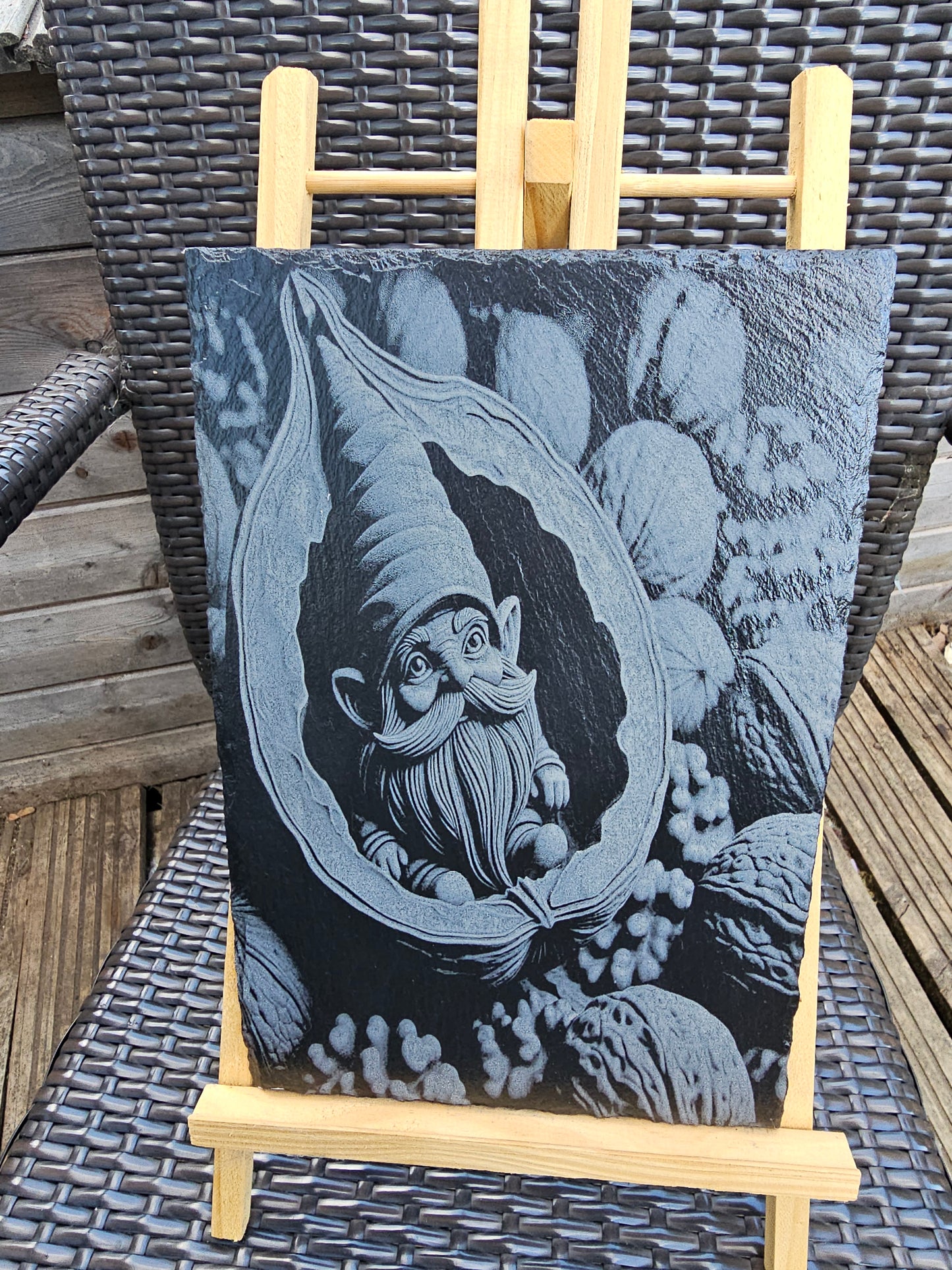 slate Whimsical Gnome in Walnut Shell – Laser Engraved Fantasy Art