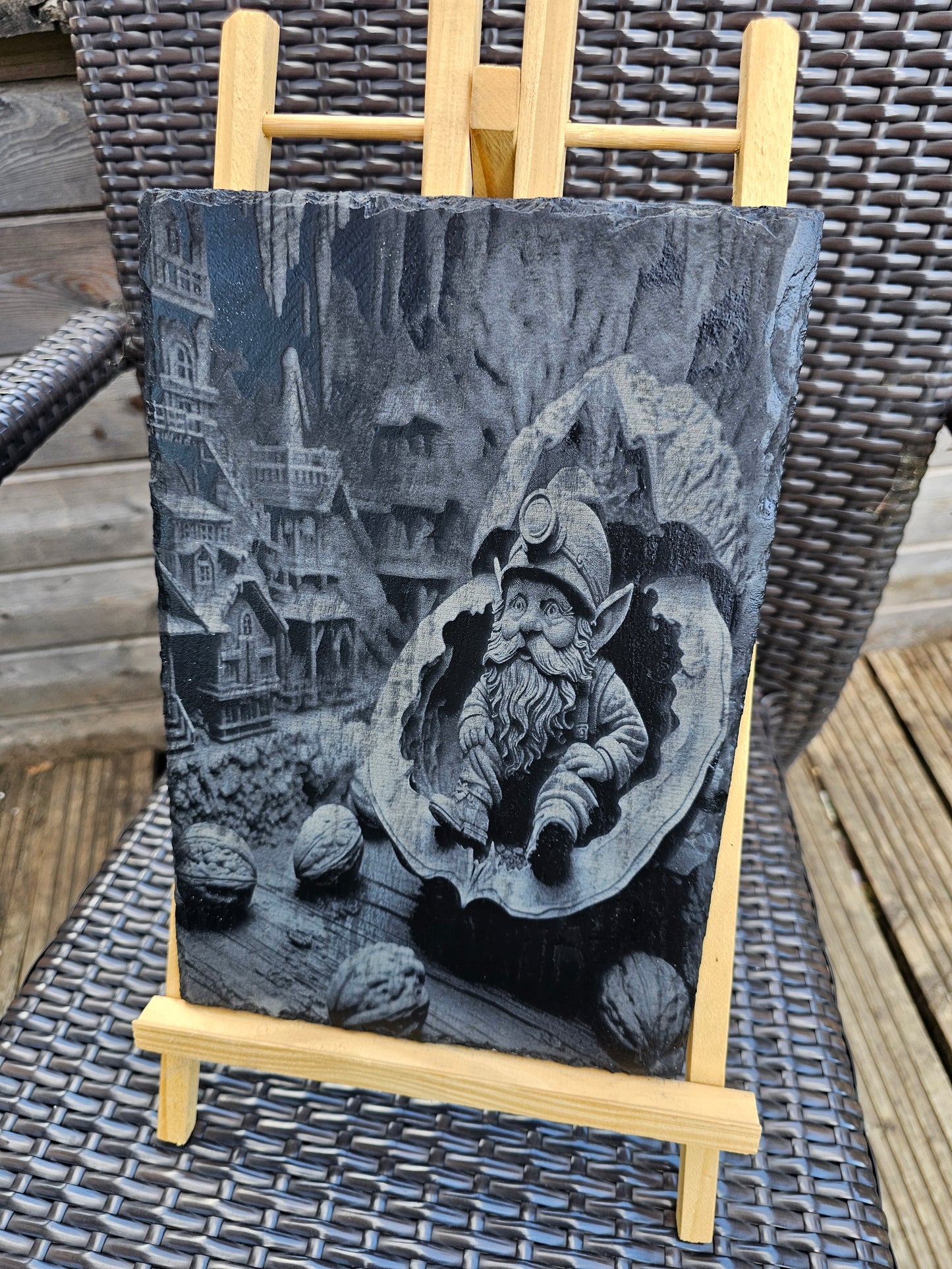 slate Laser Engraved Gnome in a Walnut Shell – Fantasy Art – 30x20cm