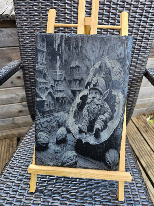 slate Laser Engraved Gnome in a Walnut Shell – Fantasy Art – 30x20cm