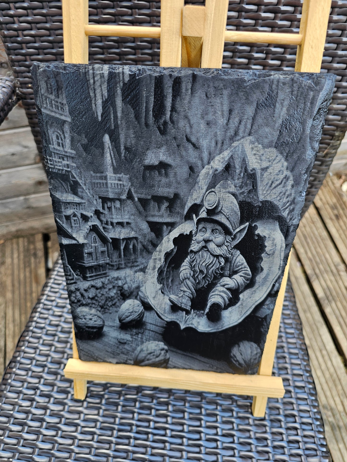 slate Laser Engraved Gnome in a Walnut Shell – Fantasy Art – 30x20cm