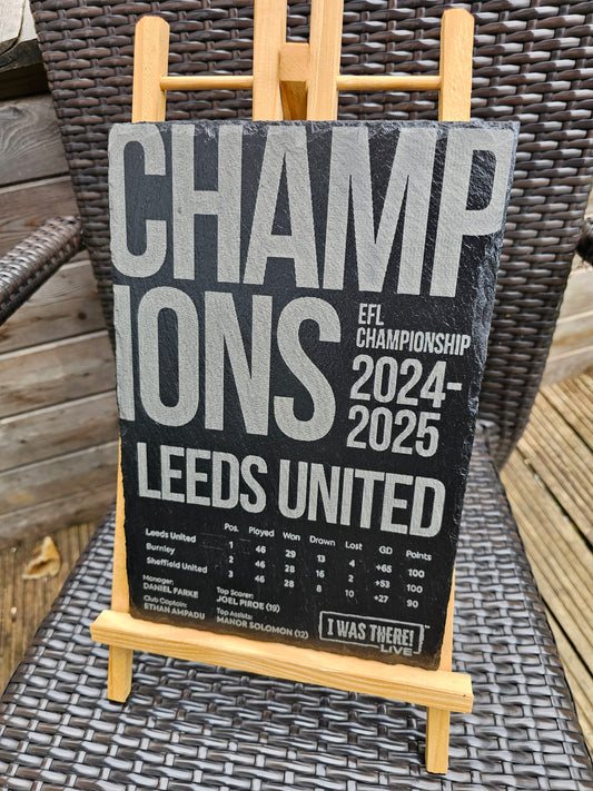 slate Leeds United EFL Champions 2024–2025 Plaque | Laser Engraved