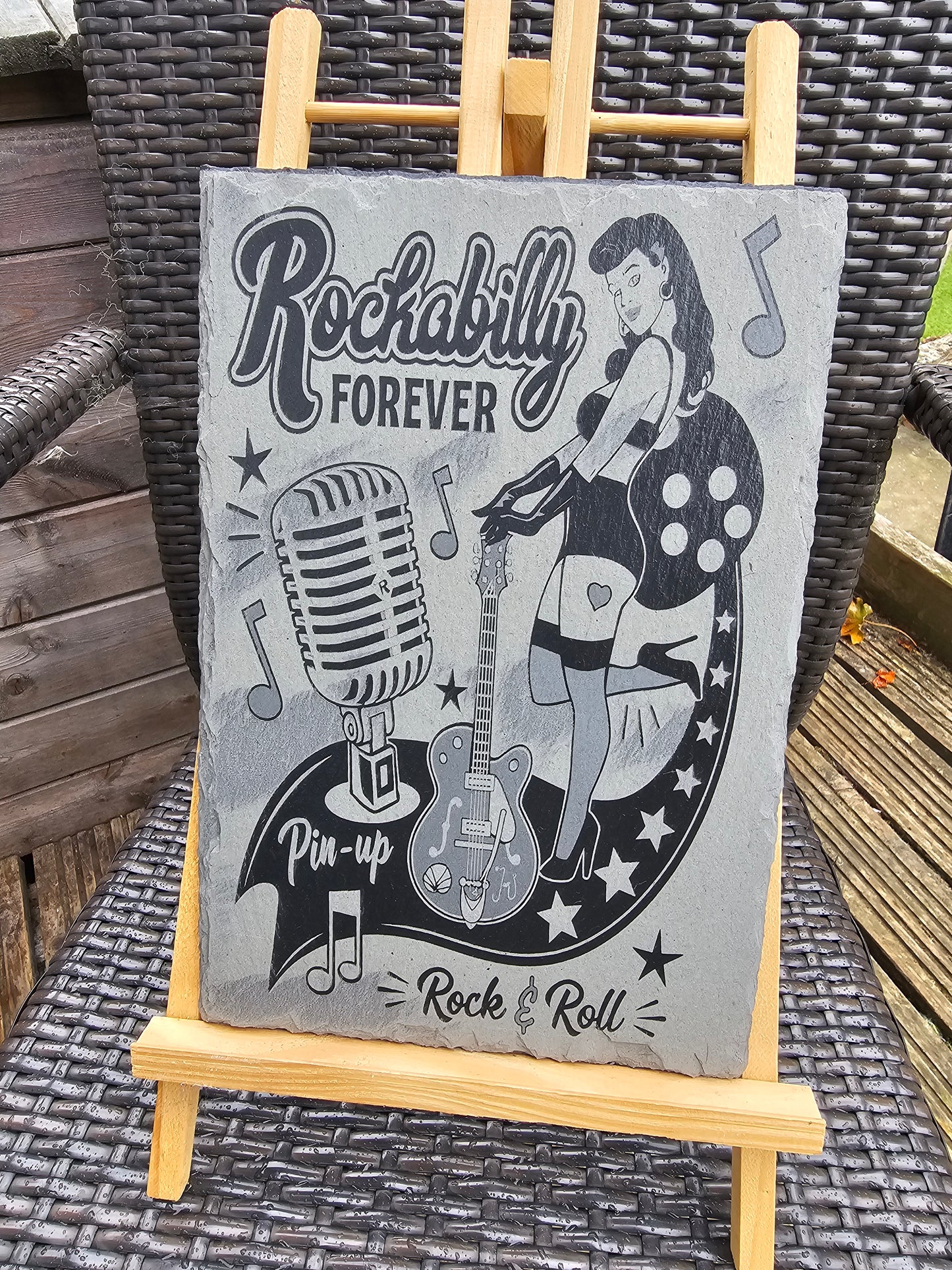 slate Rockabilly Forever Plaque – Pin-Up Rock & Roll Design |