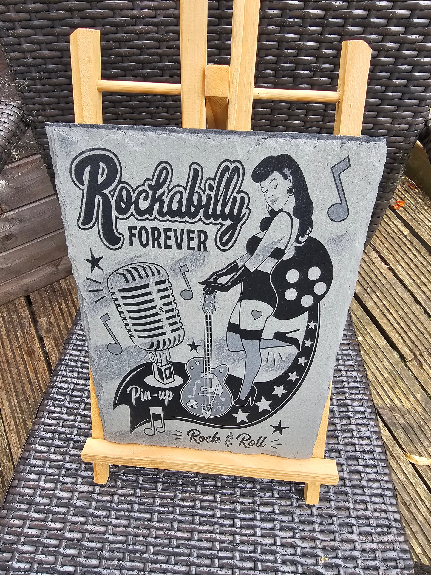slate Rockabilly Forever Plaque – Pin-Up Rock & Roll Design |