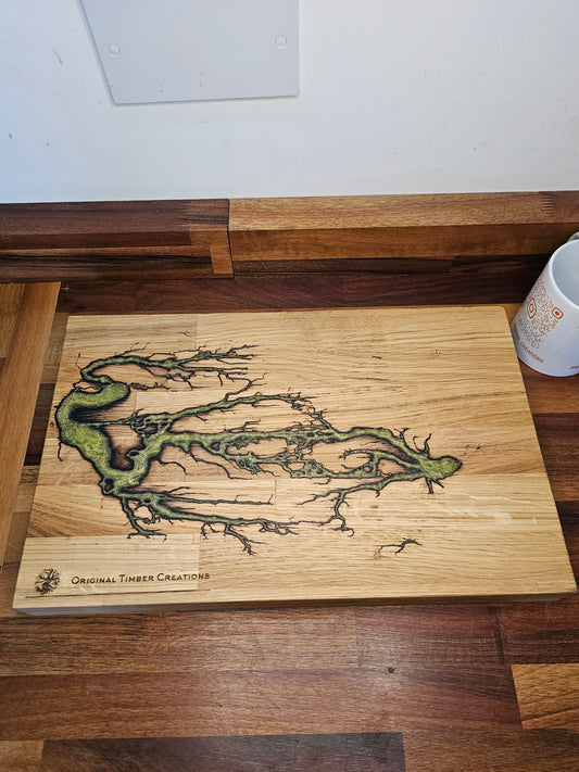 Chopping Board – Green Resin Fractal Burn 400 × 250 × 38mm