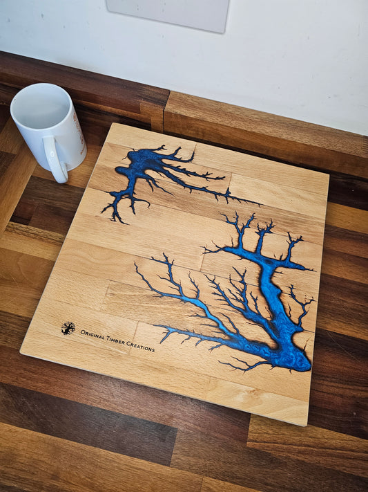 Chopping Board – Blue Resin Fractal Burn 340 × 350 × 38mm