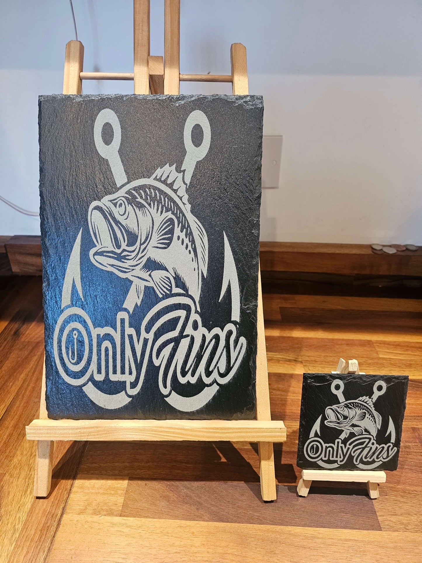 slate coaster OnlyFins Fishing Slate Sign – Laser Engraved Angler Gift