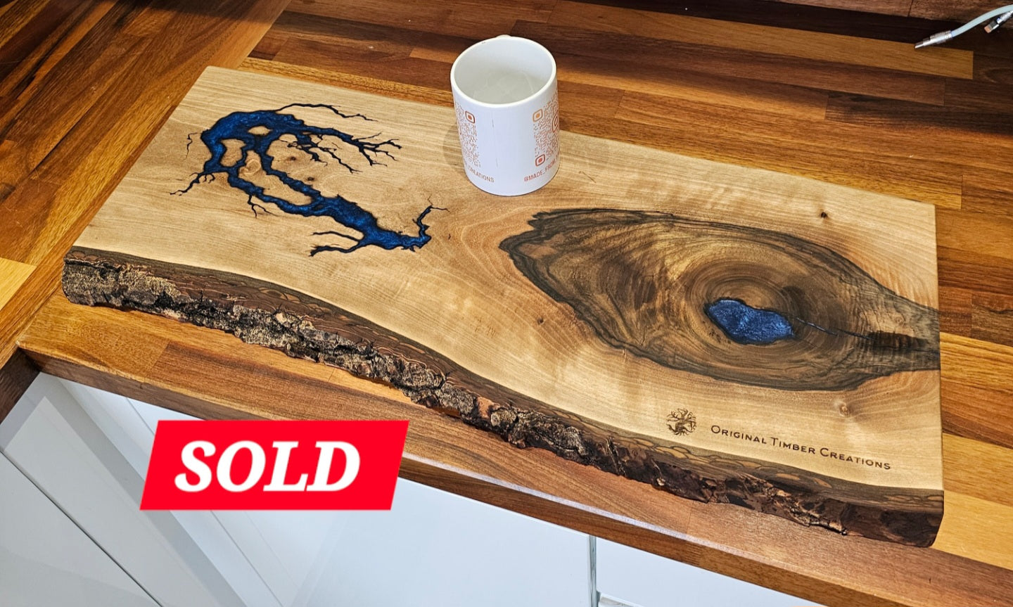 SOLD! chopping board Large Olive Wood & Blue Epoxy Resin