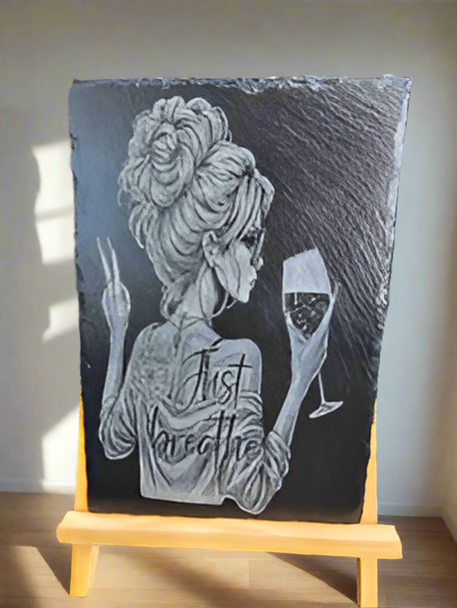 slate Laser Engraved Plaque – “Just Breathe” Woman with Wine & Peace